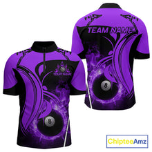 Load image into Gallery viewer, Personalized Purple 8 Ball Fire Flame Billiard Shirt For Men, Pool Team Jersey Polo &amp; 1/4 Zip TDM5975