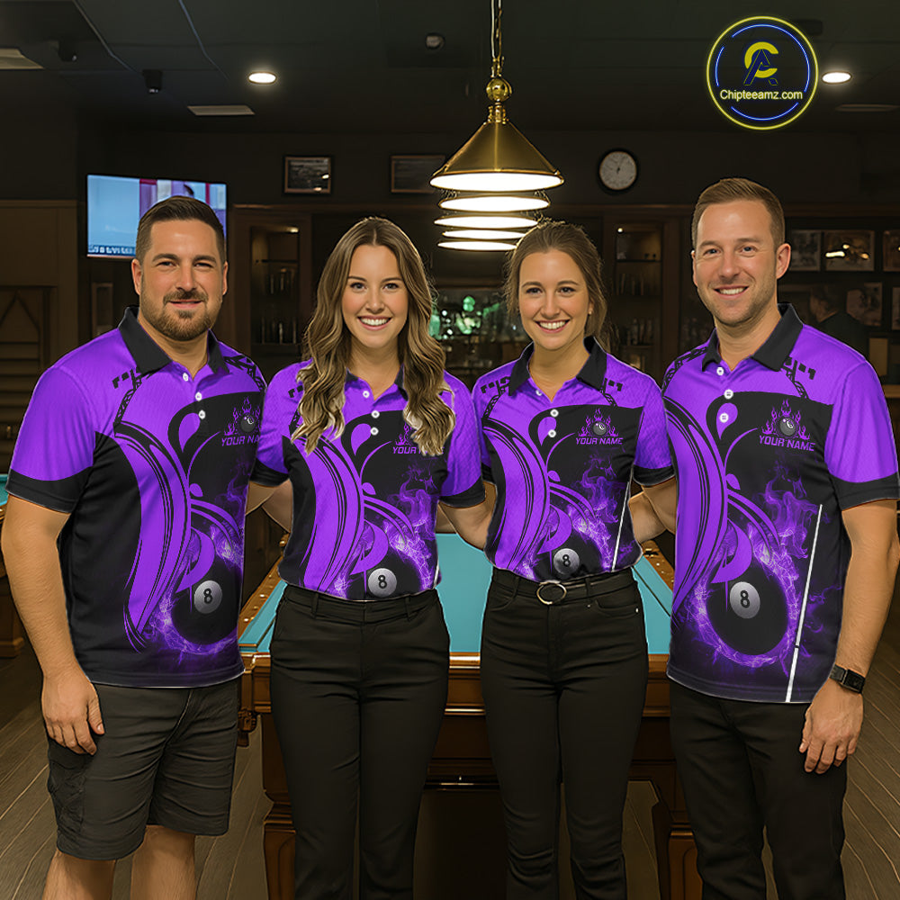 Personalized Purple 8 Ball Fire Flame Billiard Shirt For Women, Pool Team Jersey Polo & 1/4 Zip TDM5975