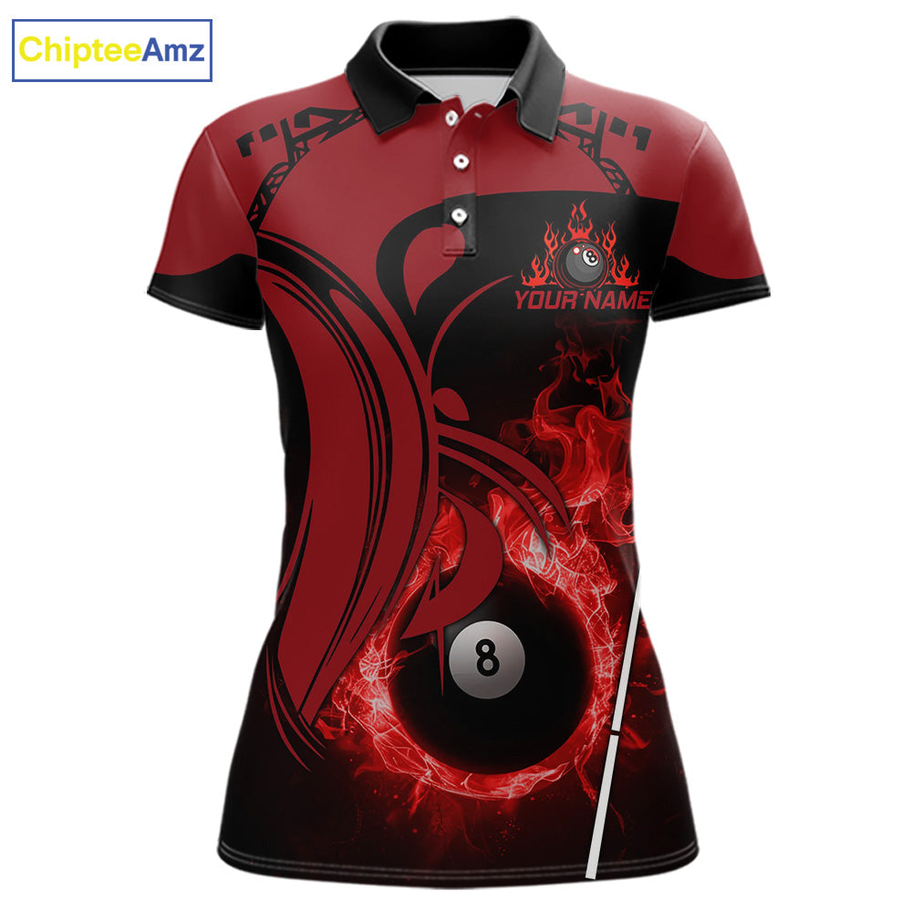 Personalized Red 8 Ball Fire Flame Billiard Shirt For Women, Pool Team Jersey Polo & 1/4 Zip TDM5976