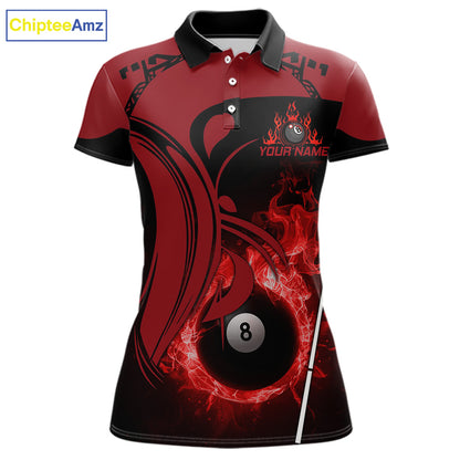 Personalized Red 8 Ball Fire Flame Billiard Shirt For Women, Pool Team Jersey Polo & 1/4 Zip TDM5976
