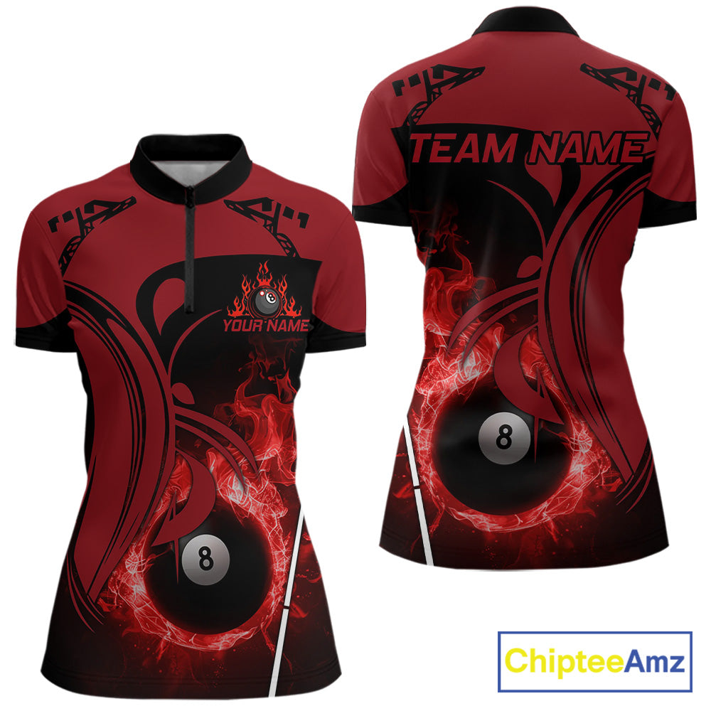 Personalized Red 8 Ball Fire Flame Billiard Shirt For Women, Pool Team Jersey Polo & 1/4 Zip TDM5976