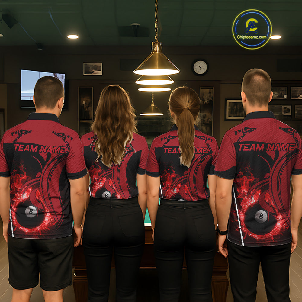 Personalized Red 8 Ball Fire Flame Billiard Shirt For Men, Pool Team Jersey Polo & 1/4 Zip TDM5976