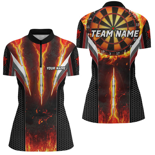 Personalized Darts Burning Fire Women Polo & 1/4 Zip Shirts Custom Team League Darts Jerseys TDM1540