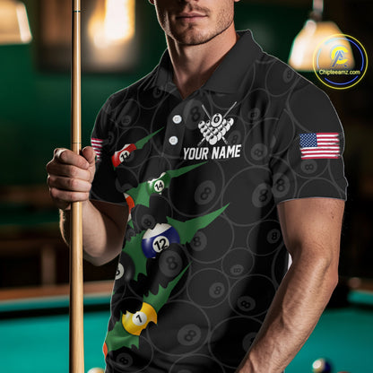 Custom Green 8 Ball Pool Scratch Billiard Shirt For Men, Black Billiard Team Jersey Polo & 1/4 Zip TDM6435