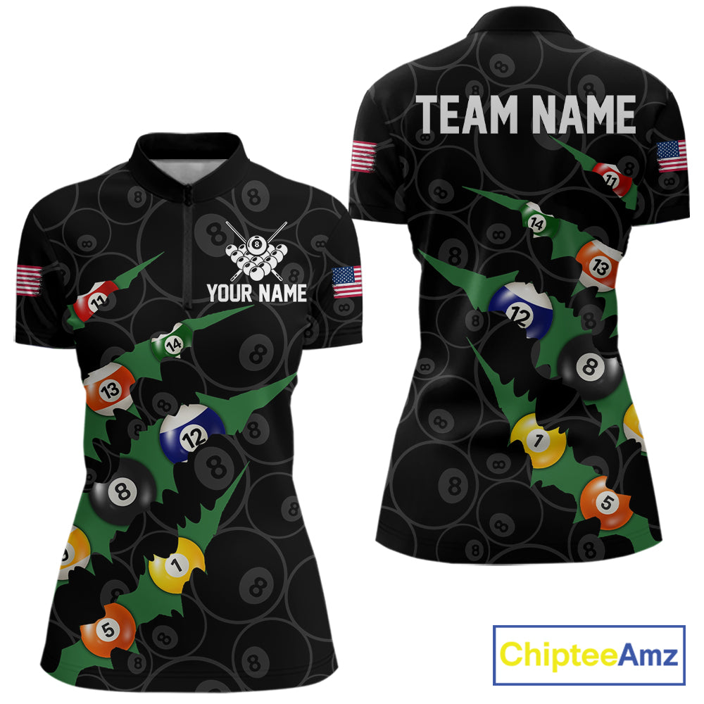 Custom Green 8 Ball Pool Scratch Billiard Shirt For Women, Black Billiard Team Jersey Polo & 1/4 Zip TDM6435
