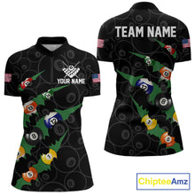 Load image into Gallery viewer, Custom Green 8 Ball Pool Scratch Billiard Shirt For Women, Black Billiard Team Jersey Polo &amp; 1/4 Zip TDM6435