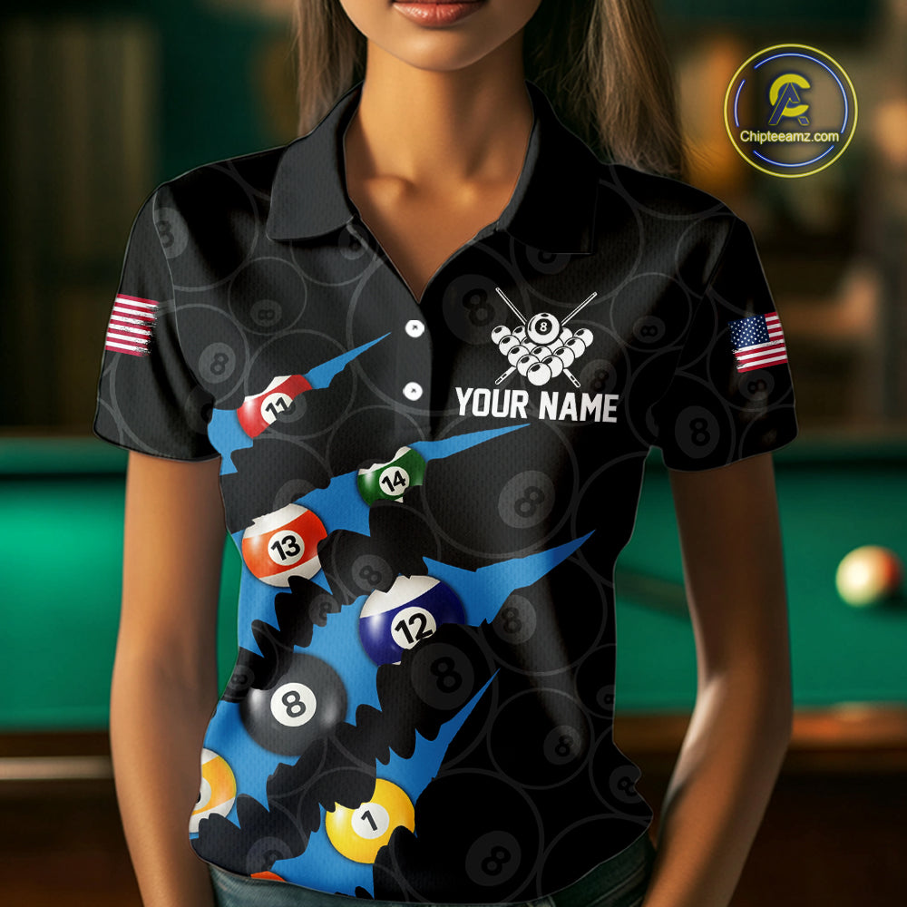 Custom Blue 8 Ball Pool Scratch Billiard Shirt For Women, Black Billiard Team Jersey Polo & 1/4 Zip TDM6436