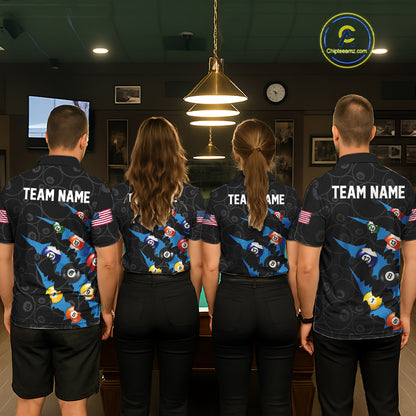 Custom Blue 8 Ball Pool Scratch Billiard Shirt For Women, Black Billiard Team Jersey Polo & 1/4 Zip TDM6436