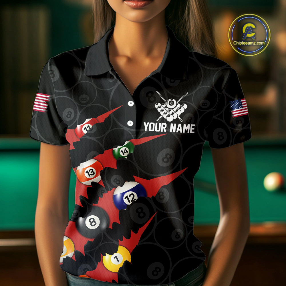 Custom Red 8 Ball Pool Scratch Billiard Shirt For Women, Black Billiard Team Jersey Polo & 1/4 Zip TDM6437