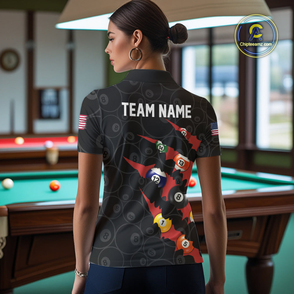 Custom Red 8 Ball Pool Scratch Billiard Shirt For Women, Black Billiard Team Jersey Polo & 1/4 Zip TDM6437