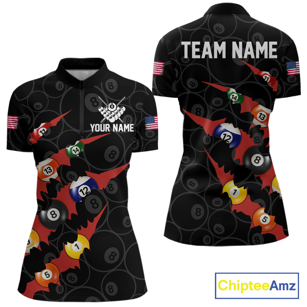 Custom Red 8 Ball Pool Scratch Billiard Shirt For Women, Black Billiard Team Jersey Polo & 1/4 Zip TDM6437