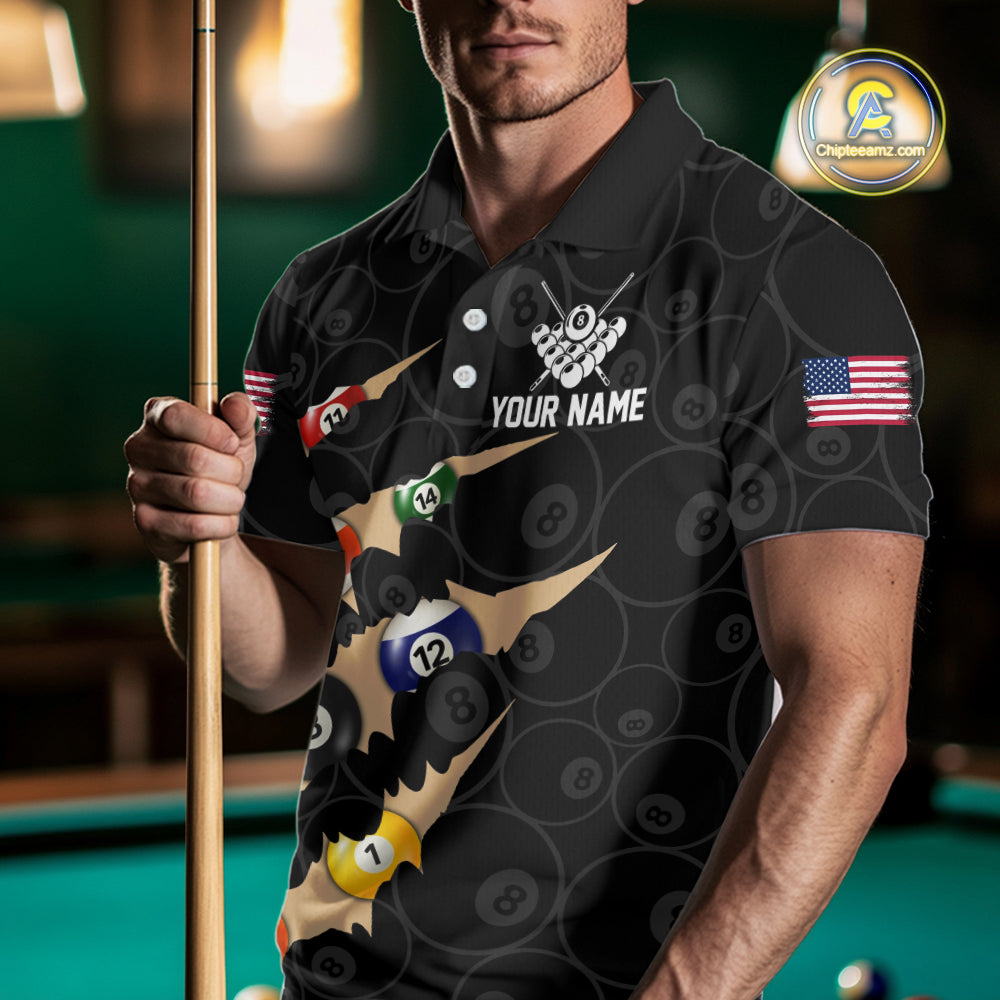 Custom Tan 8 Ball Pool Scratch Billiard Shirt For Men, Black Billiard Team Jersey Polo & 1/4 Zip TDM6438