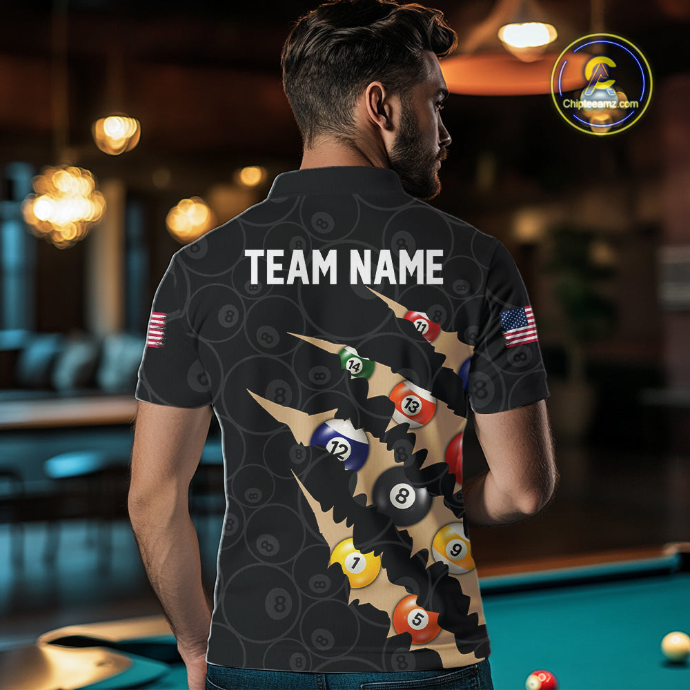 Custom Tan 8 Ball Pool Scratch Billiard Shirt For Men, Black Billiard Team Jersey Polo & 1/4 Zip TDM6438