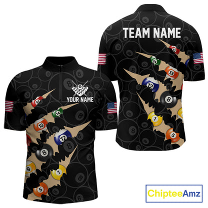 Custom Tan 8 Ball Pool Scratch Billiard Shirt For Men, Black Billiard Team Jersey Polo & 1/4 Zip TDM6438