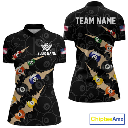 Custom Tan 8 Ball Pool Scratch Billiard Shirt For Women, Black Billiard Team Jersey Polo & 1/4 Zip TDM6438