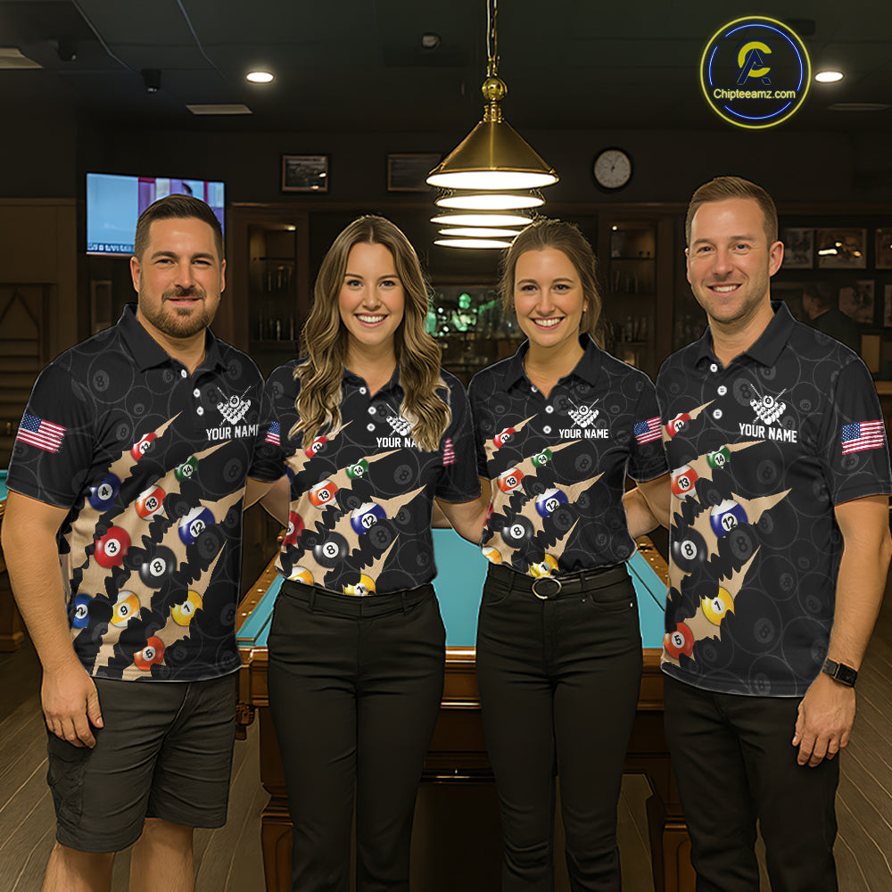 Custom Tan 8 Ball Pool Scratch Billiard Shirt For Men, Black Billiard Team Jersey Polo & 1/4 Zip TDM6438
