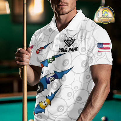 Custom Blue 8 Ball Pool Scratch Billiard Shirt For Men, White Billiard Team Jersey Polo & 1/4 Zip TDM6439