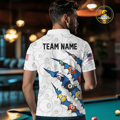 Custom Blue 8 Ball Pool Scratch Billiard Shirt For Men, White Billiard Team Jersey Polo & 1/4 Zip TDM6439