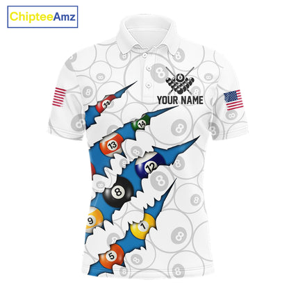 Custom Blue 8 Ball Pool Scratch Billiard Shirt For Men, White Billiard Team Jersey Polo & 1/4 Zip TDM6439