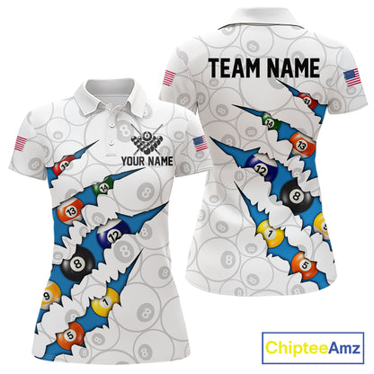 Custom Blue 8 Ball Pool Scratch Billiard Shirt For Women, White Billiard Team Jersey Polo & 1/4 Zip TDM6439