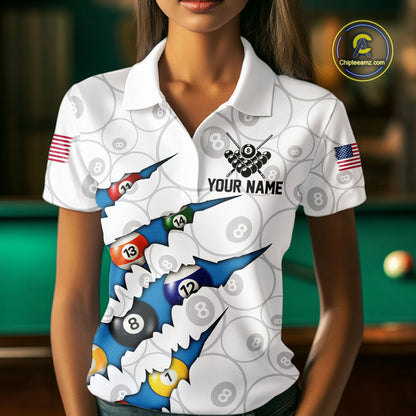 Custom Blue 8 Ball Pool Scratch Billiard Shirt For Women, White Billiard Team Jersey Polo & 1/4 Zip TDM6439