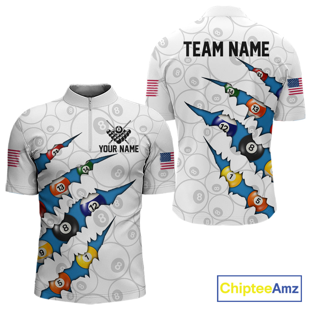 Custom Blue 8 Ball Pool Scratch Billiard Shirt For Men, White Billiard Team Jersey Polo & 1/4 Zip TDM6439
