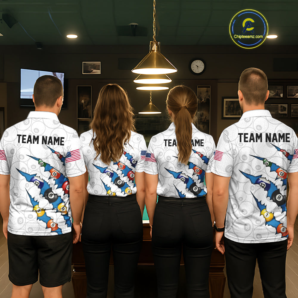 Custom Blue 8 Ball Pool Scratch Billiard Shirt For Women, White Billiard Team Jersey Polo & 1/4 Zip TDM6439