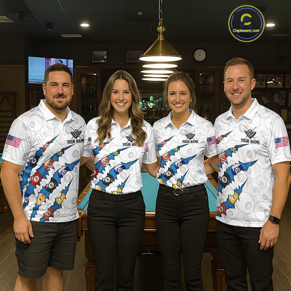 Custom Blue 8 Ball Pool Scratch Billiard Shirt For Women, White Billiard Team Jersey Polo & 1/4 Zip TDM6439