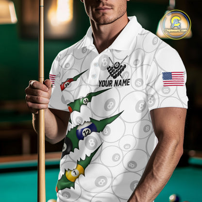 Custom Green 8 Ball Pool Scratch Billiard Shirt For Men, White Billiard Team Jersey Polo & 1/4 Zip TDM6440