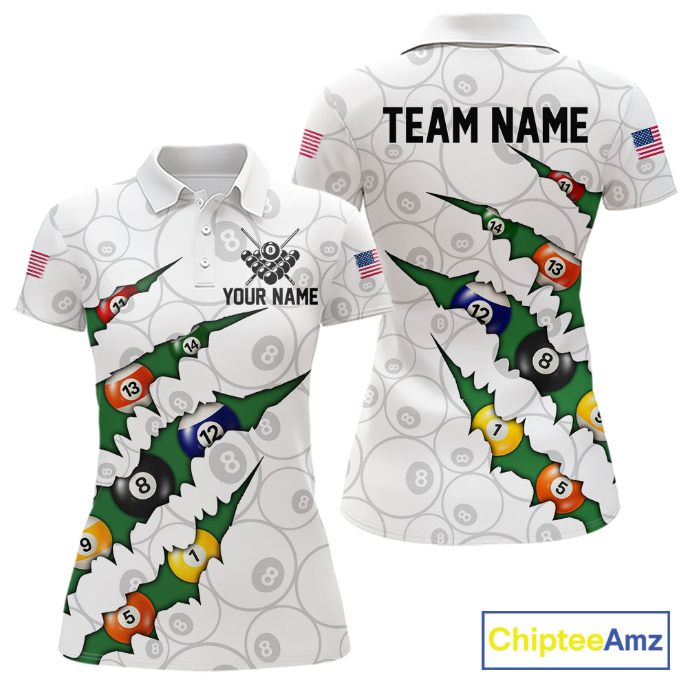 Custom Green 8 Ball Pool Scratch Billiard Shirt For Women, White Billiard Team Jersey Polo & 1/4 Zip TDM6440