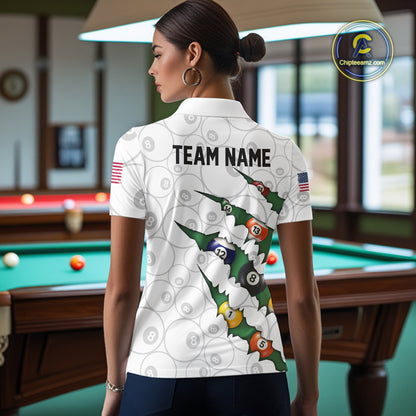 Custom Green 8 Ball Pool Scratch Billiard Shirt For Women, White Billiard Team Jersey Polo & 1/4 Zip TDM6440