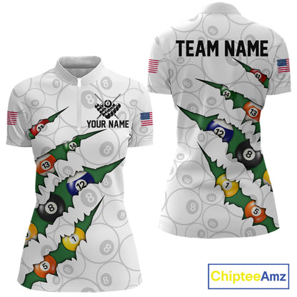 Custom Green 8 Ball Pool Scratch Billiard Shirt For Women, White Billiard Team Jersey Polo & 1/4 Zip TDM6440