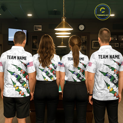 Custom Green 8 Ball Pool Scratch Billiard Shirt For Men, White Billiard Team Jersey Polo & 1/4 Zip TDM6440