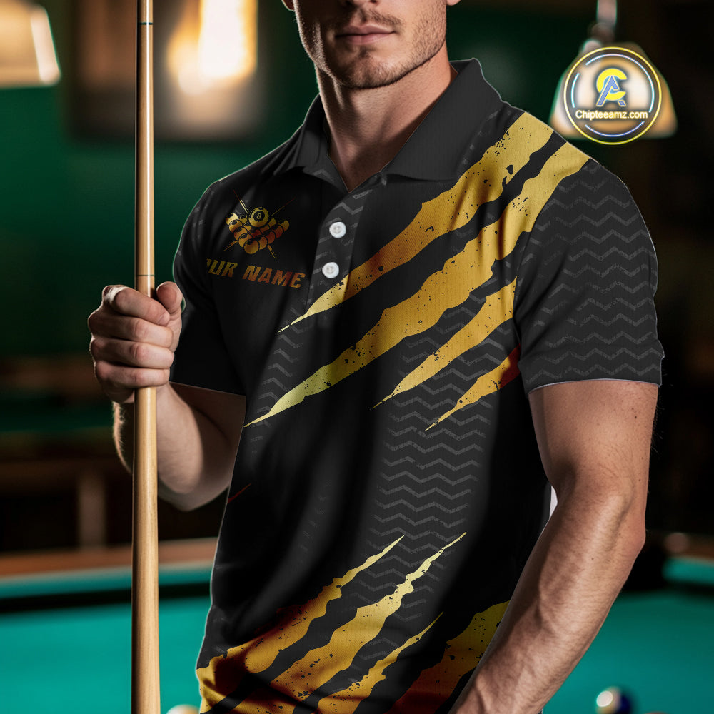 Black And Gold Scratch Billiard Shirts For Men Custom 8 Ball Crown Pool Team Jersey Polo & 1/4 Zip TDM4095