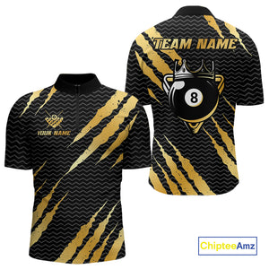 Black And Gold Scratch Billiard Shirts For Men Custom 8 Ball Crown Pool Team Jersey Polo & 1/4 Zip TDM4095