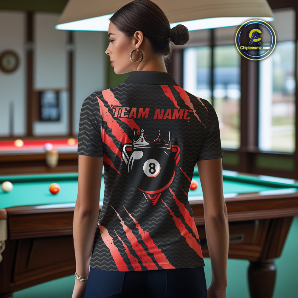 Black And Red Scratch Billiard Shirts For Women Custom 8 Ball Crown Pool Team Jersey Polo & 1/4 Zip TDM4096
