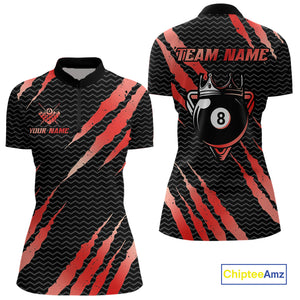 Black And Red Scratch Billiard Shirts For Women Custom 8 Ball Crown Pool Team Jersey Polo & 1/4 Zip TDM4096