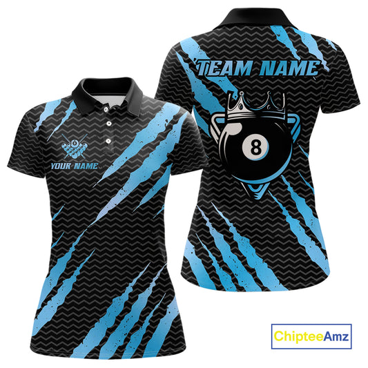 Black And Blue Scratch Billiard Shirts For Women Custom 8 Ball Crown Pool Team Jersey Polo & 1/4 Zip TDM4097
