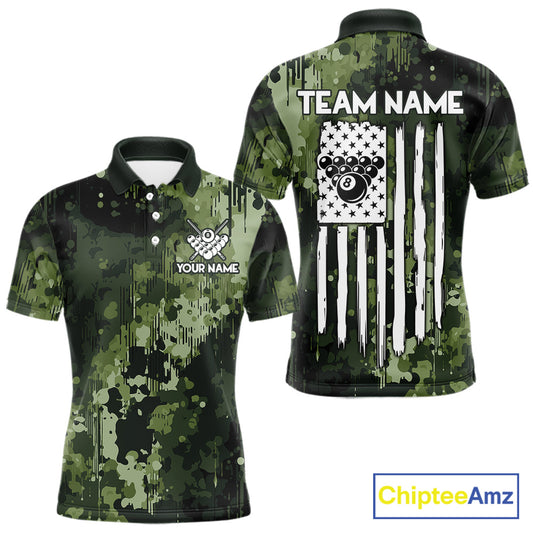 Men’s green camo American flag billiard polo shirt with custom pool team graphics.
