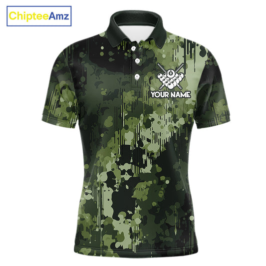 Custom green camo billiard jersey for men designed for pool tournaments and league matches.