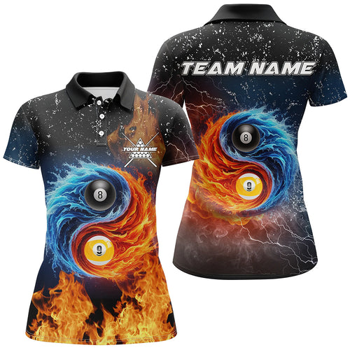 3D Billiard 8 Ball & 9 Ball Water Fire Customized Grunge Women Polo, 1/4 Zip Shirts, Billiard Jerseys TDM2382