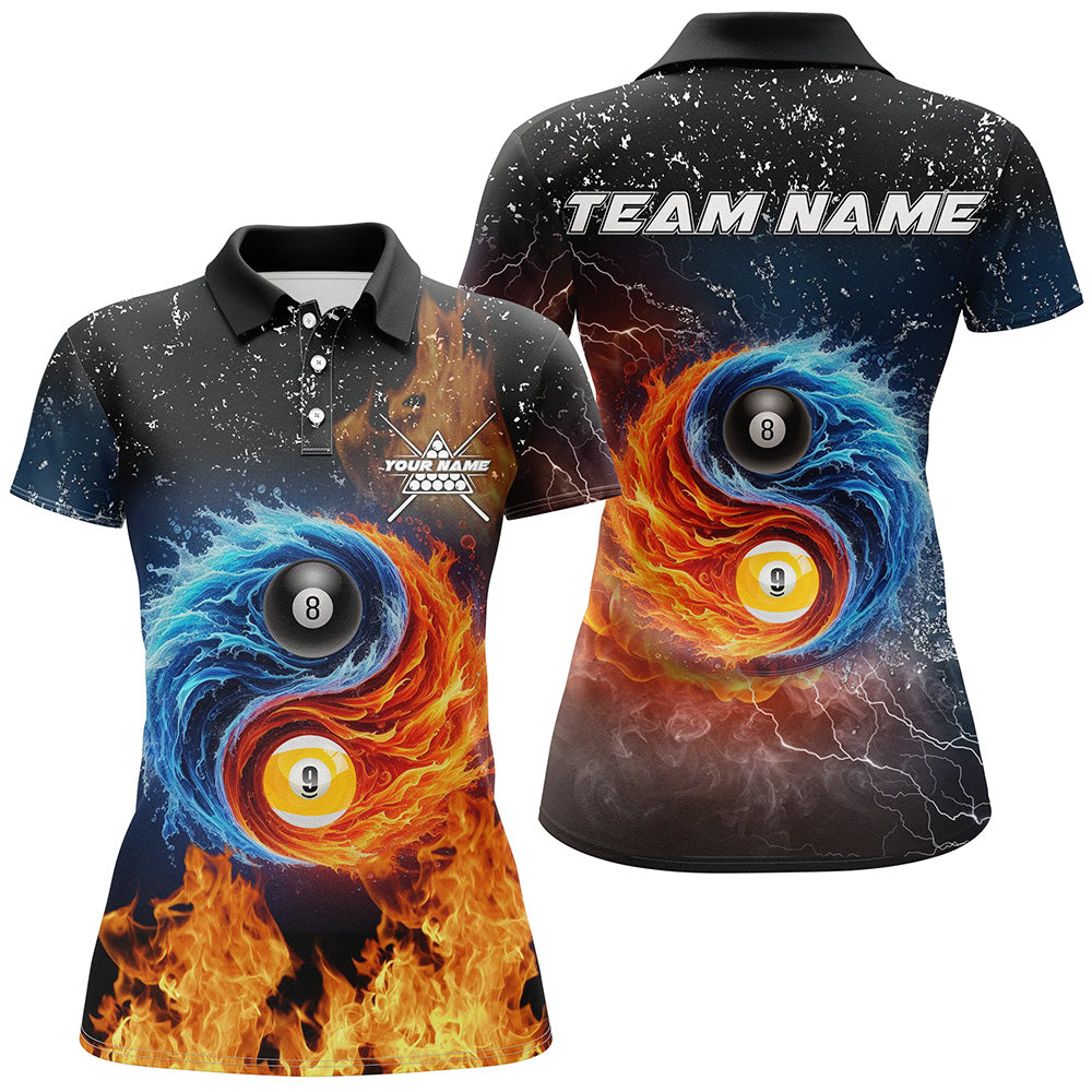 3D Billiard 8 Ball & 9 Ball Water Fire Customized Grunge Women Polo, 1/4 Zip Shirts, Billiard Jerseys TDM2382
