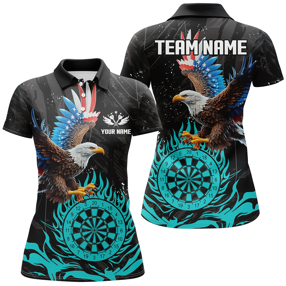 Personalized 3D Eagle American Flag Patriotic Darts Shirts For Women Custom Flame Darts Jerseys |Cyan TDM2393