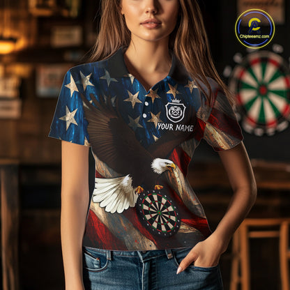 Personalized American Flag Eagle Womens Darts Shirt Custom Patriotic Jersey Darts Polo & 1/4 Zip TDM5126