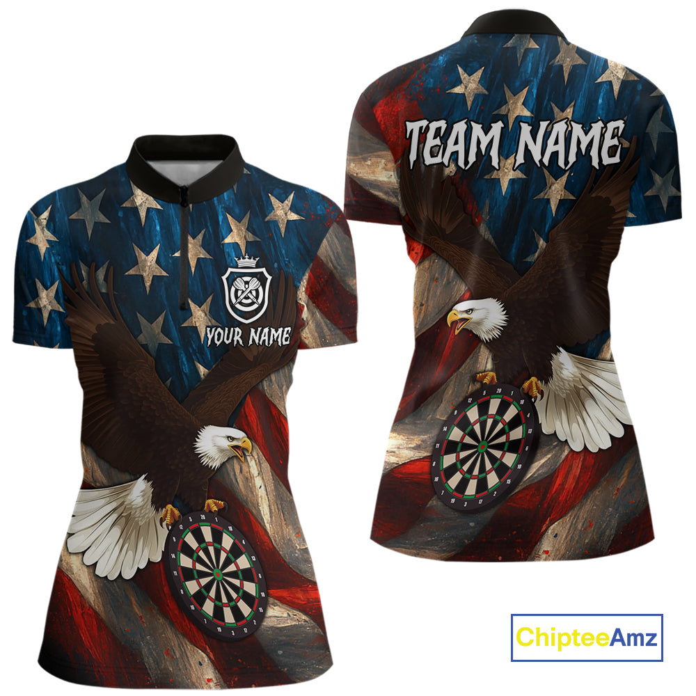 Personalized American Flag Eagle Womens Darts Shirt Custom Patriotic Jersey Darts Polo & 1/4 Zip TDM5126