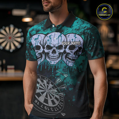 Black And Turquoise Grunge Skull Mens Dart Shirts Custom Dart Jerseys Team Polo & Quarter Zip TDM5129