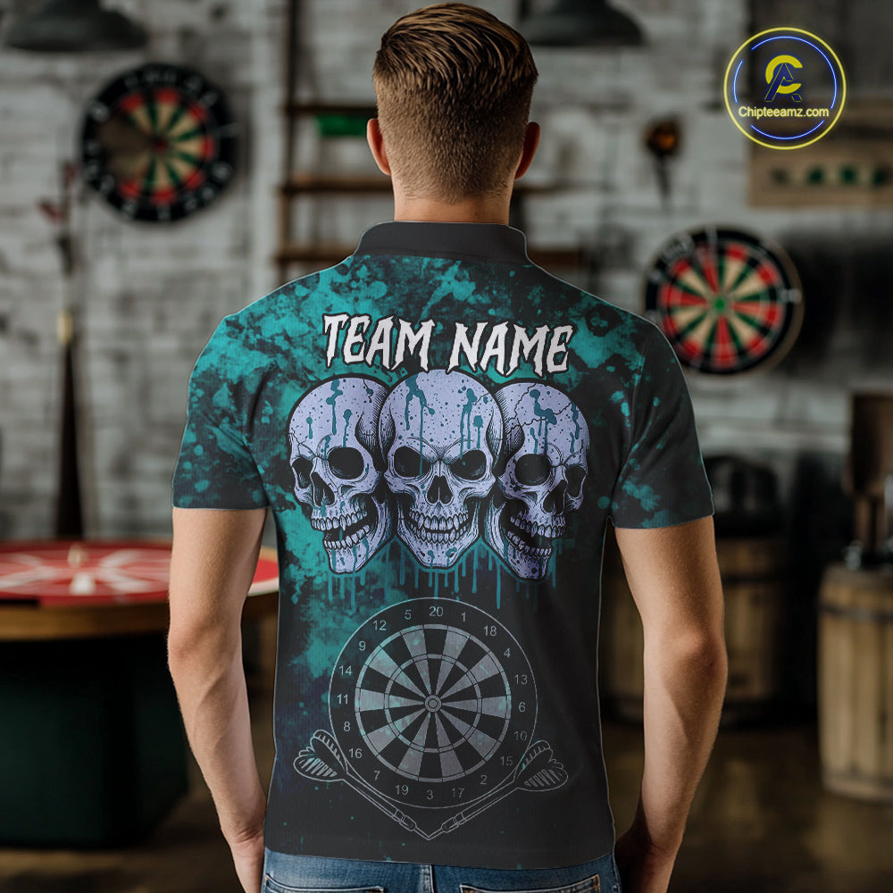 Black And Turquoise Grunge Skull Mens Dart Shirts Custom Dart Jerseys Team Polo & Quarter Zip TDM5129