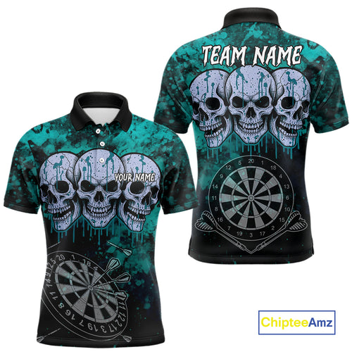 Black And Turquoise Grunge Skull Mens Dart Shirts Custom Dart Jerseys Team Polo & Quarter Zip TDM5129