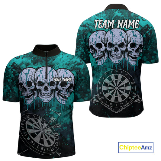 Black And Turquoise Grunge Skull Mens Dart Shirts Custom Dart Jerseys Team Polo & Quarter Zip TDM5129