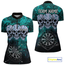 Load image into Gallery viewer, Black And Turquoise Grunge Skull Womens Dart Shirts Custom Dart Jerseys Team Polo &amp; Quarter Zip TDM5129